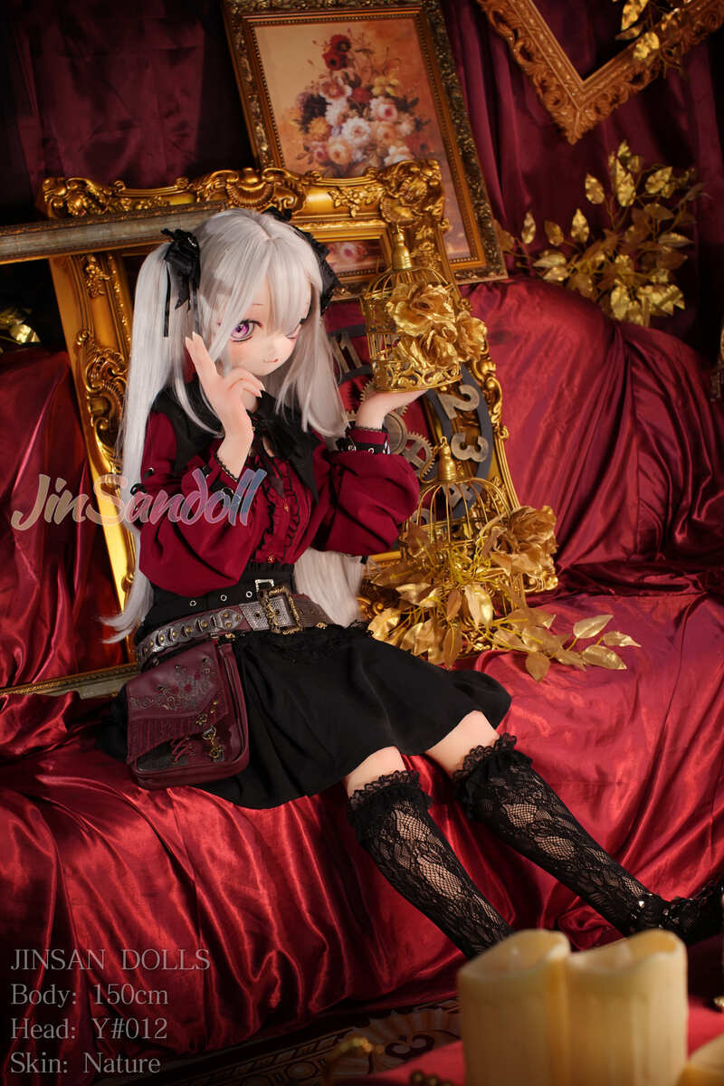 zierliche Reality doll Y012 sitzend mit Violine und goldenem Vogelkäfig