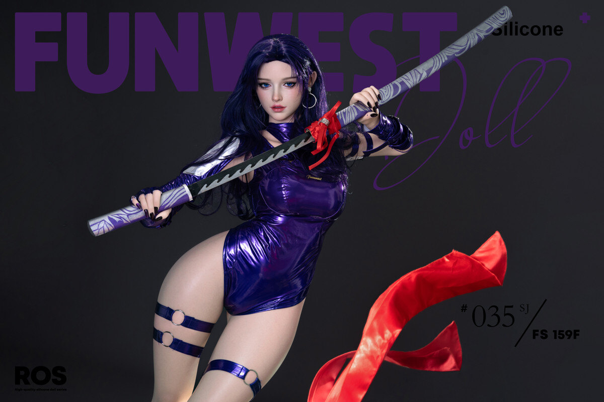 Fantasy sex doll im Psylocke-Stil mit lila Ninja-Anzug und Katana in Action-Pose