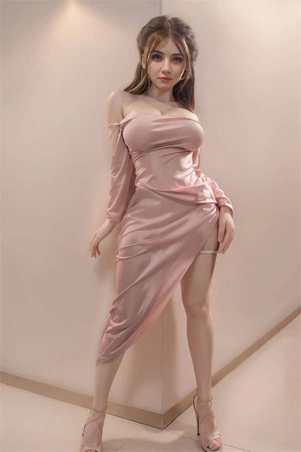 Lebensechte Sexpuppe Arianna in satinfarbenem Abendkleid mit schlanker Figur