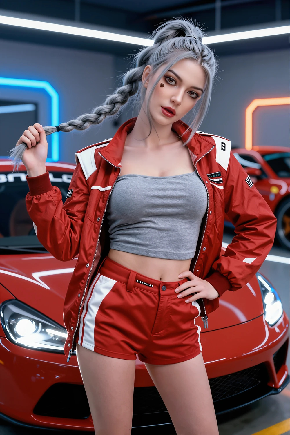 Reale Liebespuppe Janelle in roter Rennjacke und Shorts neben einem roten Sportwagen