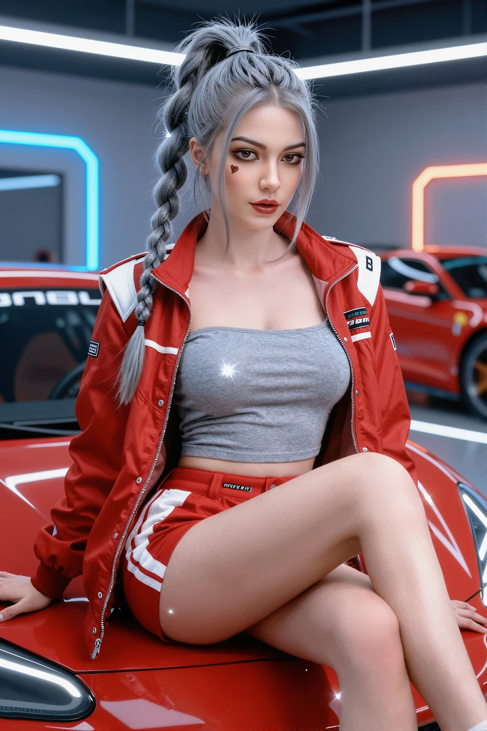 Realdoll Janelle sitzt im Rennoutfit auf einem roten Sportwagen