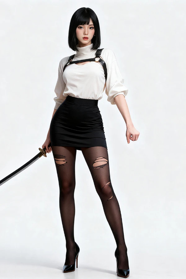 Judi Capri realistische TPE Sexpuppe mit Katana stehend in schwarzer Strumpfhose und weißer Bluse