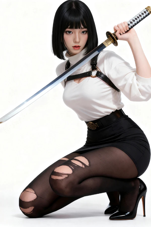 Asiatische TPE Liebespuppe Judi Capri mit Katana in dynamischer Samurai Pose