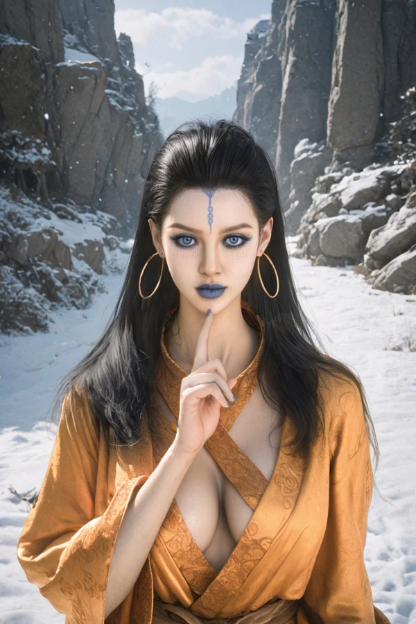 Fantasy Cosplay Liebespuppe mit schwarzen Haaren und blauen Lippen in Schneelandschaft