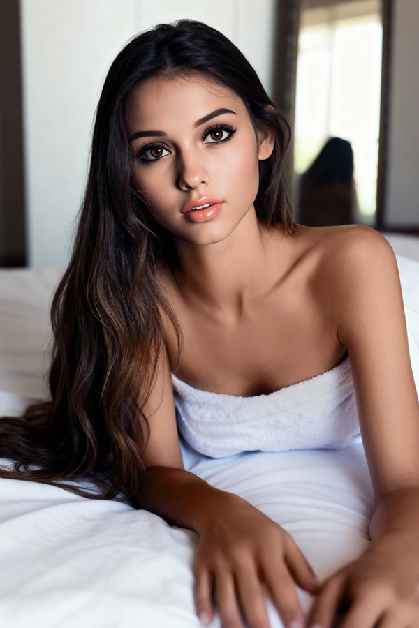 Reale Liebespuppe Rosalie mit langen dunklen Haaren im weißen Handtuch auf einem Hotelbett