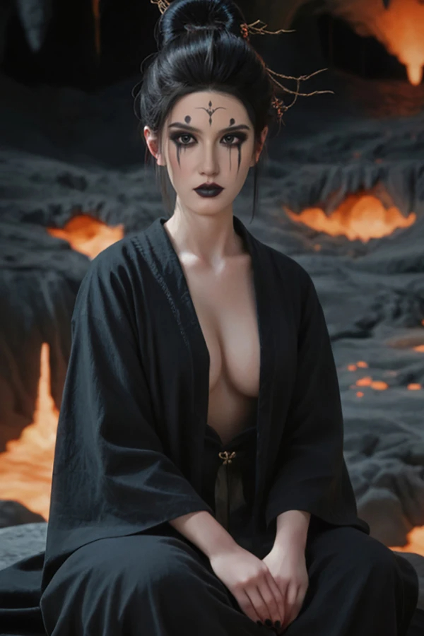 Sitzende Spinnengeist Sexpuppe im schwarzen Kimono, inspiriert von einer mystischen Figur